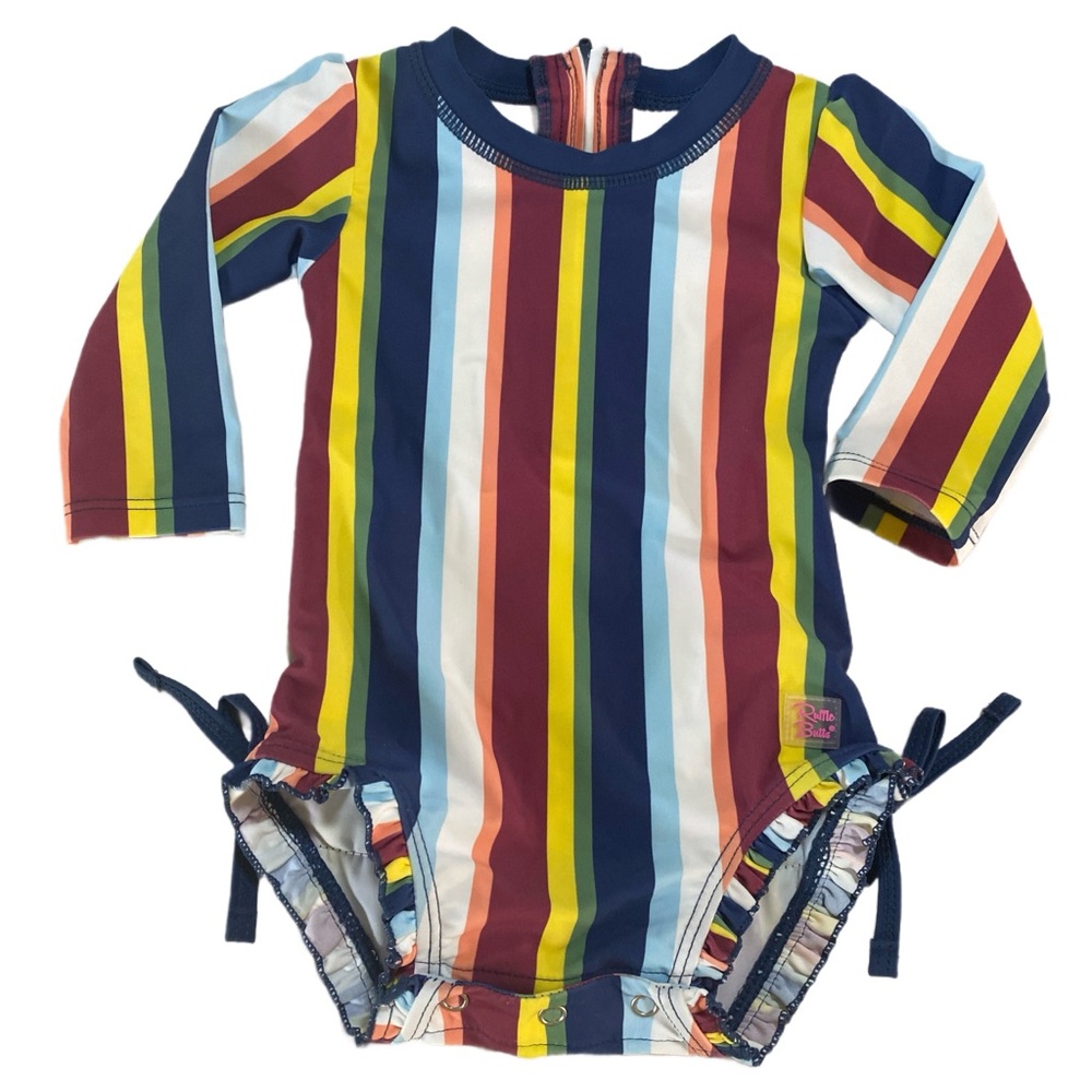 RUFFLE BUTTS One Piece Rash Guard Sunset Stripe Size 6-12 Months UPF 50+